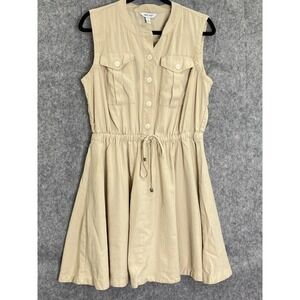 Nine West Sleeveless Beige Shirt Dress Button Drawstring Safari‎ Rayon Blend L